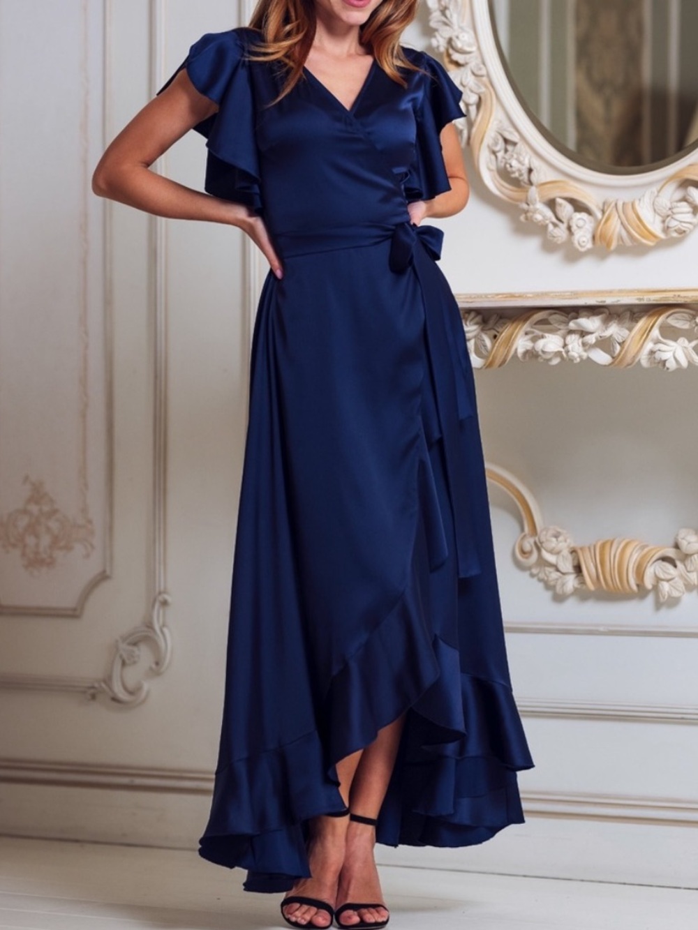 5 FOR $25 | Nicole Miller Faux Wrap Satin Midi Dress Ruffle Navy Short Sleeves 6